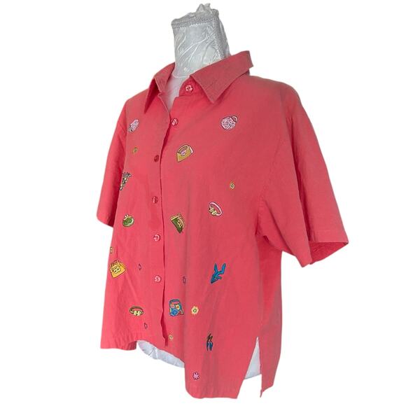 Vintage Coral Pink Embroidered Button-Up Shirt Whimsical Cotton Top Sz Large - Picture 14 of 14
